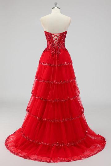 Błyszcząca Ciemno Czerwony Kształcie Litery A Długa Sukienka Na Studniówkę z Rozcięciem